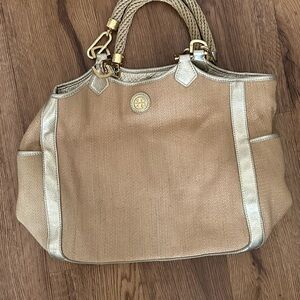 Tory Burch Tan Canvas Tote with Gold Trim and Rope Handles
